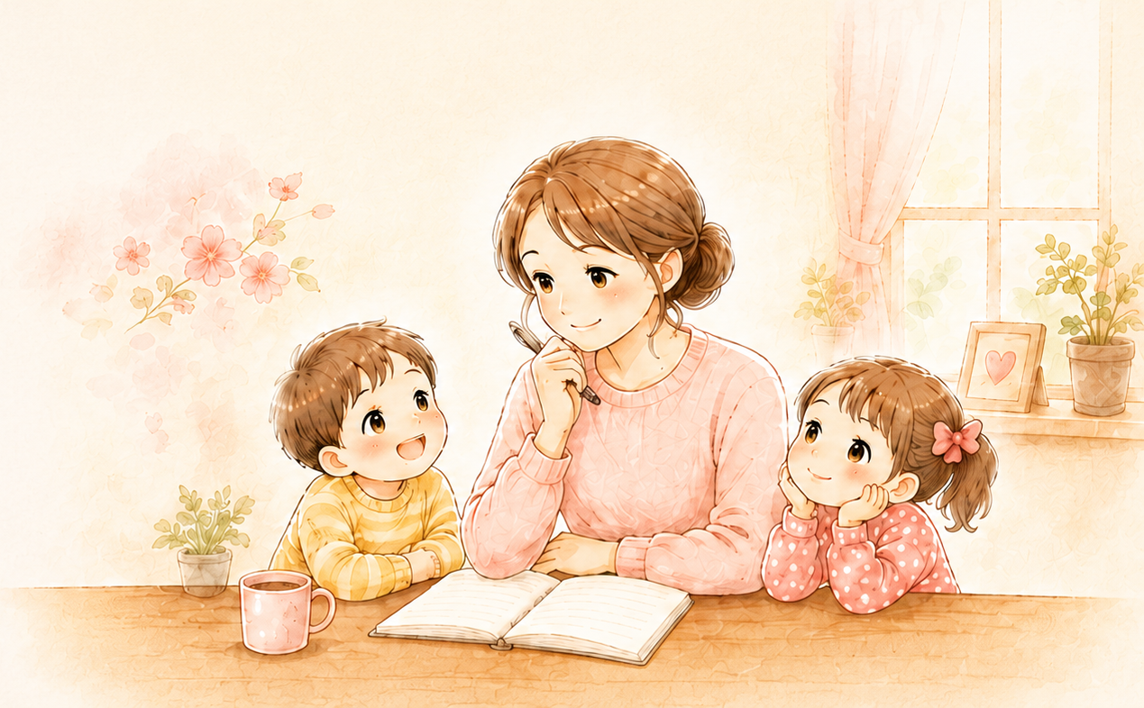 親子3人が机を囲んでいるイラスト